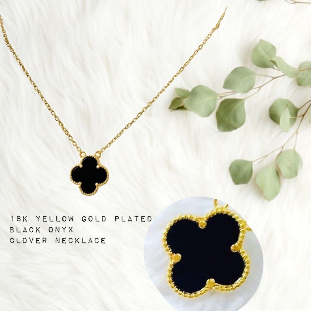 18k Yellow Gold Plated Black Onyx Clover Necklace